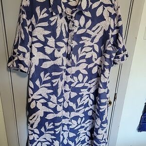 Chico's Popover Dress Blue and White Leaf Print Sz Large